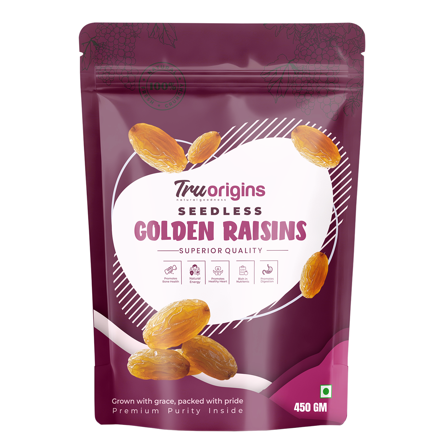 TruOrigins Seedless Golden Raisins (Kishmish/Munakka) 250g | 100% Natural & Sun Dried | Soft, Juicy & Handpicked | Premium Quality Raisins | Ethically Sourced | No Preservatives